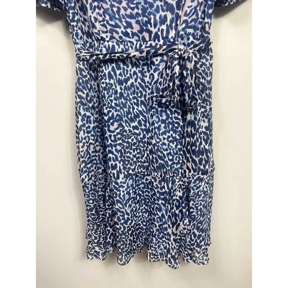 Eliza J Womens Dress Size 8 Blue Faux Neck Puff Sleeve Leopard Print - Picture 6 of 9